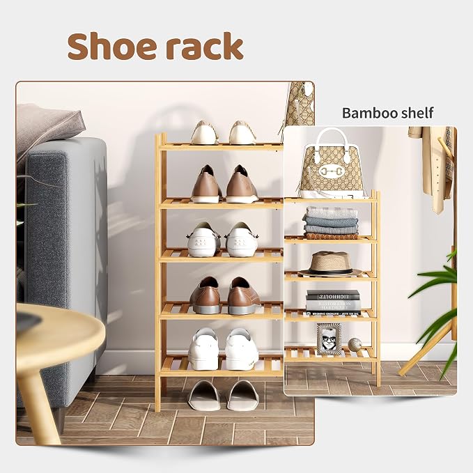 Bamboo Shoe Rack Stackable Storage Organizer for Unit Entryway Hallway and Closet Sturdy Freestanding Shoe Shelf(5 Tier Natural)