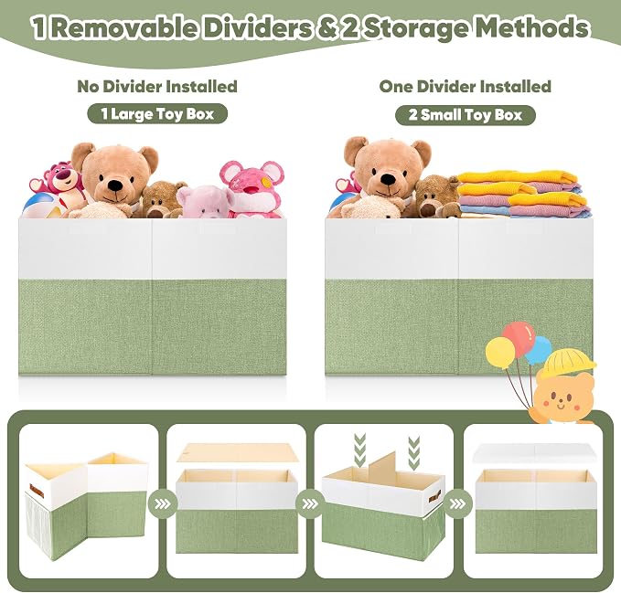 Large Toy Storage Box, Collapsible Sturdy Toys Storage Chest With Mesh, 25x13x16 Kids Toy Storage Organizer, Extra Large Toy Chest Box Bin Basket for Kids, Boys, Girls, Nursery (Green and White)