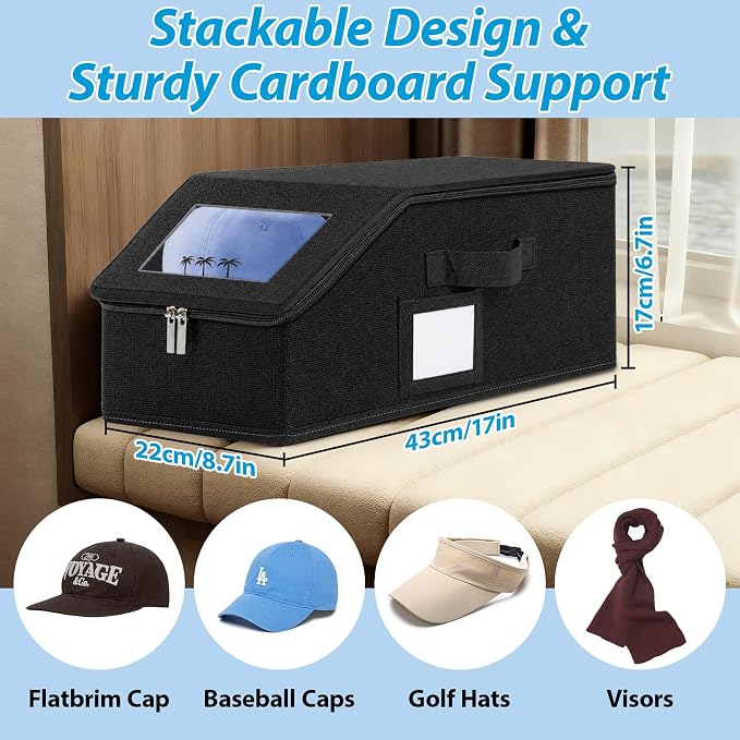 Hat Storage for Caps, 2-Pack Stackable Hat Organizer Boxes, Black | Sturdy snapback hat organizer holds up to 24 caps. Clear window design. Space-saving stackable storage box for closet.