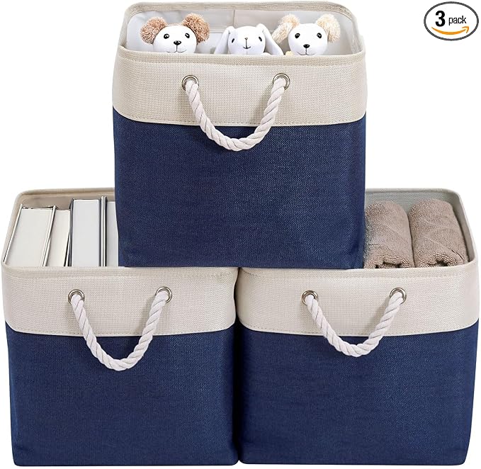 DECOMOMO Cube Storage Bin 13x13, Fabric Storage Bins, Kallax Storage Cubes (Navy Blue & White, 3 Pack)