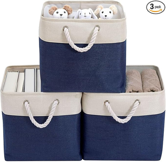 DECOMOMO Cube Storage Bin 13x13, Fabric Storage Bins, Kallax Storage Cubes (Navy Blue & White, 3 Pack)