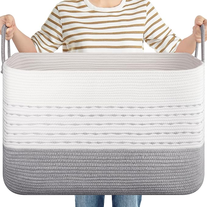 OIASKET XXL Large Blanket Basket for Living Room, 108L Woven Storage Baskets for Organizing, Rectangle Cotton Rope Basket Toy Chest With Handles-Grey & White