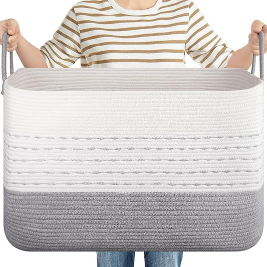 OIASKET XXL Large Blanket Basket for Living Room, 108L Woven Storage Baskets for Organizing, Rectangle Cotton Rope Basket Toy Chest With Handles-Grey & White