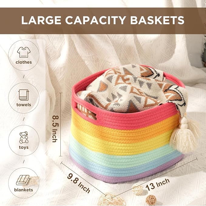Temary Woven Baskets for Storage 3 Pack Storage Baskets for Organizing, Rectangle Decorative Rope Baskets for Storage Clothes, Towels, Storage Bins with Handles (Rainbow, 13"x9.8"x8.5")