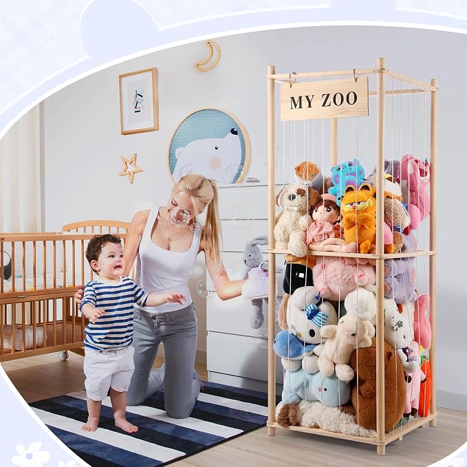 GLDZI Stuffed Animal Storage Zoo, Wooden Stuffed Animal Organizer with Elastic Cords for Boys Girls, Space Saving Toy Plushies Storage Holder for Playroom, Bedroom, Living Room (Burlywood, Large)