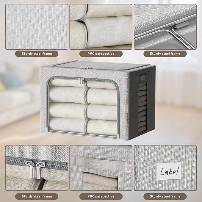 FHSQX 2 Pack Clear Window Storage Bins - Large Stackable Linen Fabric Storage for Clothes Foldable Container Organizer Set with Carrying Handles (Light Gray, 15.7x 11.8x 9.8Inch)