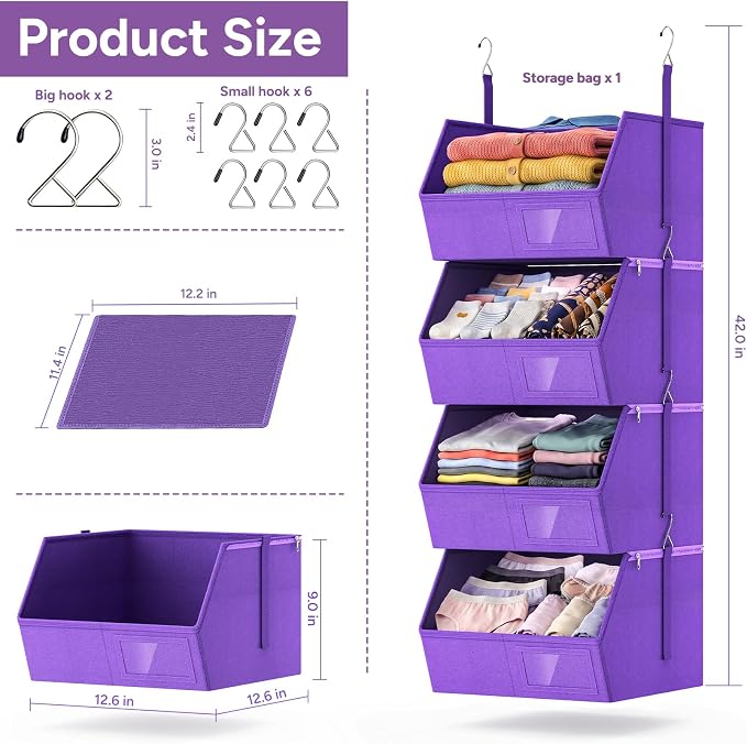 4-Tier Hanging Closet Organizer, Detachable Hanging Storage Shelves with Reinforced Side Panels, Hanging Closet Organizer for Clothes, Sweaters, Towels, Socks & Accessories, Purple