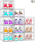 ARSTPEOE 12 Pack Upgrade Harder Shoe Organizer, Shoe Storage with Magnetic Front Door, Clear Shoe Boxes Foldable Space-Saving Shoe Rack for Sneaker Boot Container, White