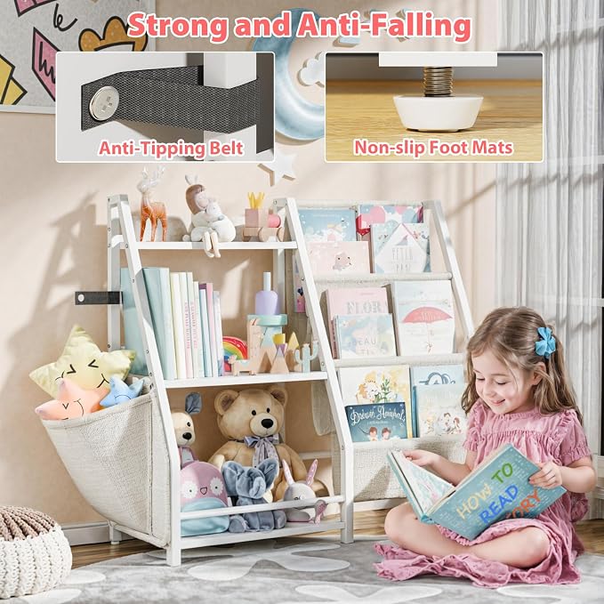 LATIBELL 3 Tier Kids Bookshelf and Toy Storage, Kids Book Sling Shelf, Montessori Baby Toddler Bookshelf for Kid, Kid Bookcase, Toy Storage Organizer (White)
