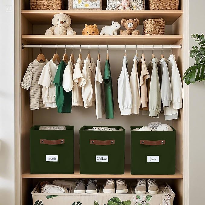 DECOMOMO Storage Bins, Cube Storage Bin with Labels | 13" x 13" x 13" Fabric Storage Cubes for Shelves (6pcs, Olive Green)