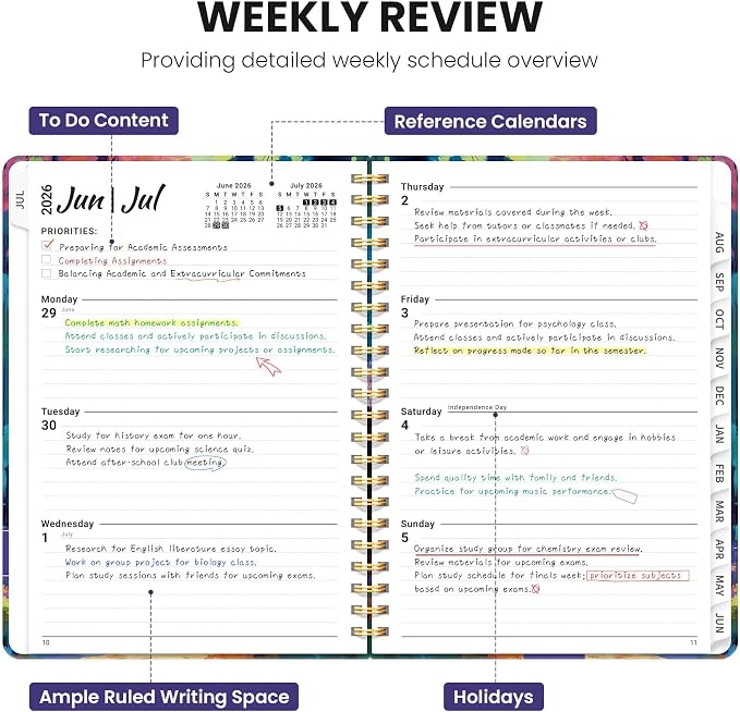 Planner 2026-2027, Hardcover Monthly and Weekly Academic Planner July 2026 - June 2027, Teacher and Student Calendar Agenda Book with Tabs, A5 (6.3" x 8.5"), Ideal for School and Office, Floral Planner, Chromatic Woods