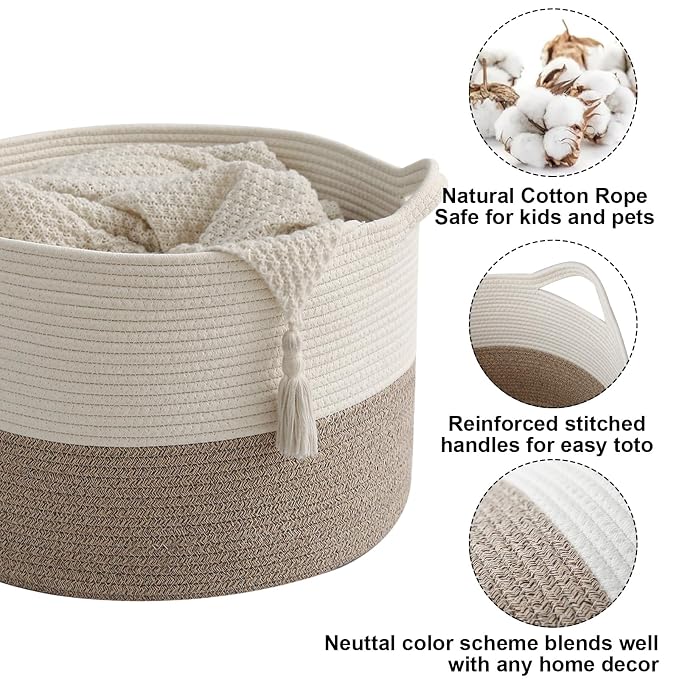 115L Extra Large Blanket Basket,Woven Rope Laundry Basket Hamper with Handles, Decorative Nursery Basket Storage Bin for Toys, Clothes Organizer, Living Room, Bedroom, Bathroom, White & Brown