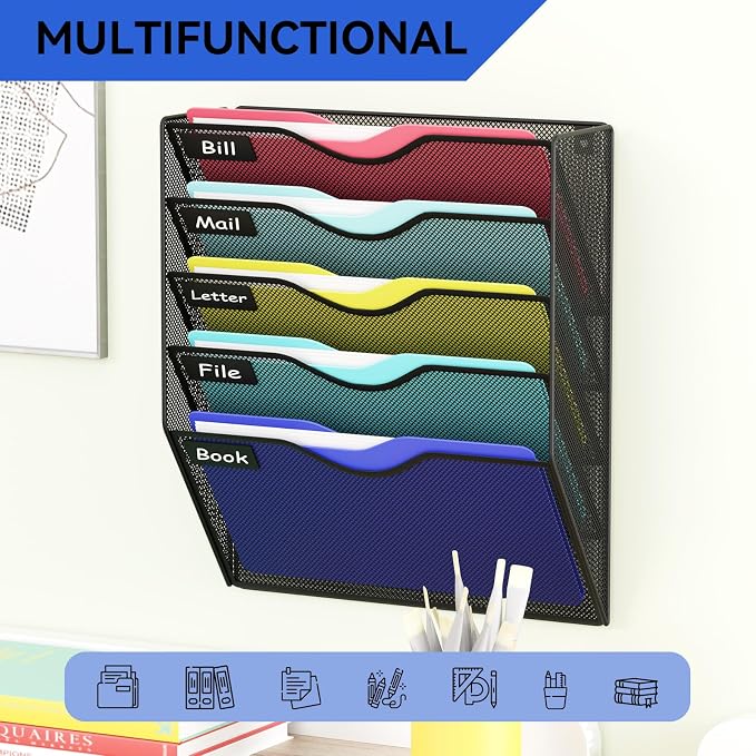 5 Pockets Hanging Wall File Organizer Mail Holder, Wall Mounted Paper Document Folder Holder, Clipboard Storage Organization Magazine Rack, Black