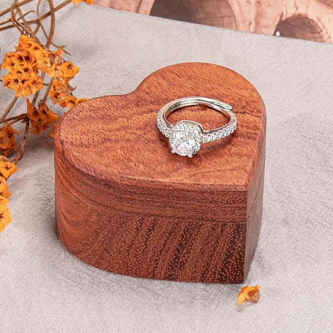 Engagement Proposal Ring Box Secret Slim Rose Wooden Heart Case | Rose Wood Ring Bearer Box Jewelry Storage Holder Display for Wedding Ceremony Commemoration