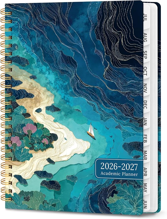 Planner 2026-2027, Hardcover Monthly and Weekly Academic Planner July 2026 - June 2027, Teacher and Student Calendar Agenda Book with Tabs, A5 (6.3" x 8.5"), Ideal for School and Office, Floral Planner, Coastal Contours