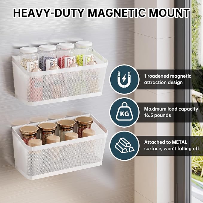 2Pcs Magnetic Spice Rack for Fridge Magnet Hanging Basket Holder for Seasonings Fruit Vegetables Coffee Beans Magnetic Organizer Shelf, Kitchen Refrigerator Organizers