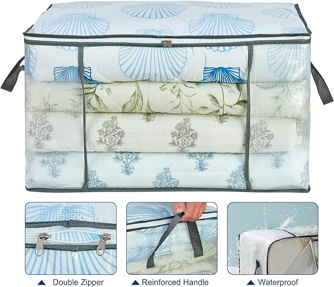 MKOKYD 80L Clear Large Storage Bag, Clothes Storage Containers for Organizing Closet, Bedroom, Underbed, Comforters, Clothing, Blankets, Pillow, Foldable Organizer with Sturdy Handle and Zippers (6)