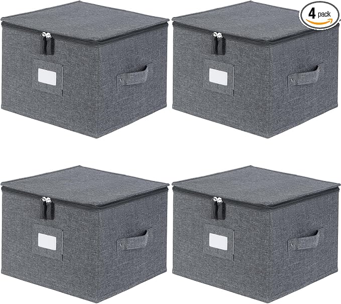 popoly China Storage Containers Inside 12" W x 8" H, Dinnerware Storage Box for Dishes Plate Storage with 24 Felt Dividers, Hold 24 Plates, Hard Shell and Stackable（4PACK