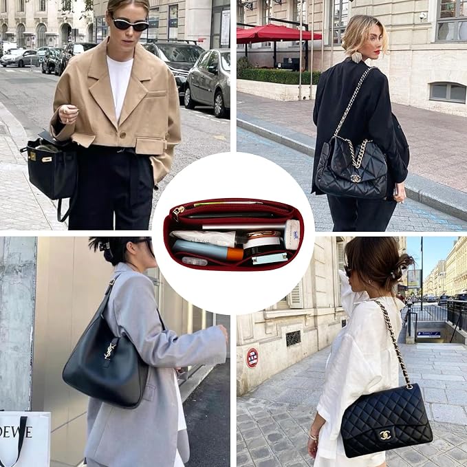 Surblue Purse Organizer Insert for Handbags, Felt Bag Organizer with Zippers Handbag Shaper Pouch for Classic 19 Flap Bag, Marmont, Onthego,（Burgundy, Slender S）