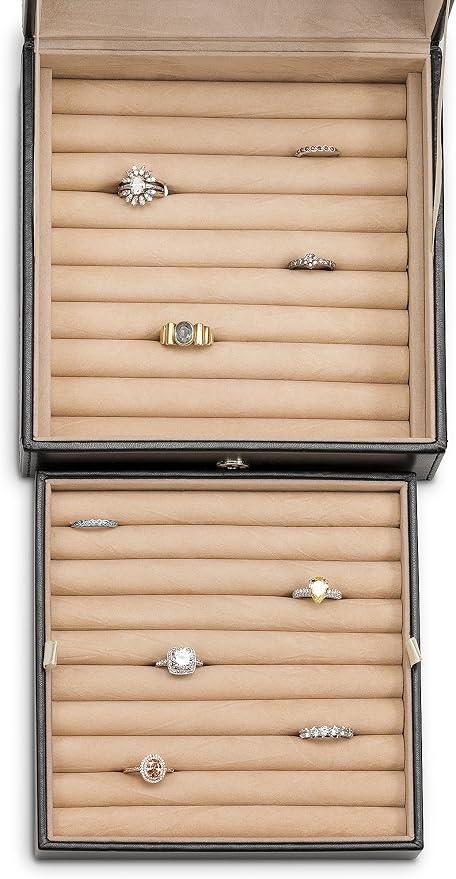 Glenor Co Ring Organizer Box - 108 Slot Classic Jewelry Display Holder - 2 Storage Trays with Modern Buckle Closure, Large Mirror - Holds Rings and Cufflinks - PU Leather Case - Black