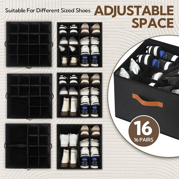 VZZNN 2 Pack Shoe Organizer for Closet, Foldable Shoe Storage Bins with Clear Cover and Adjustable Dividers, Fits up to 16 Pairs, Large Shoe Box Storage Containers with Reinforced Handles (Black)