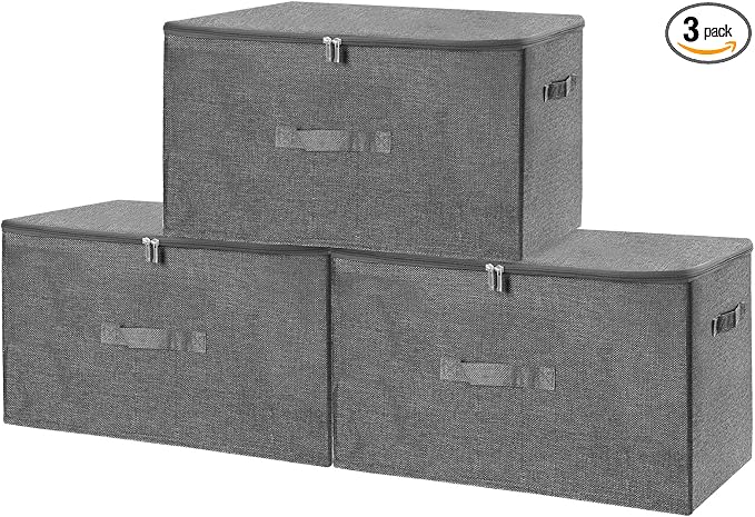 ANMINY 3PCS Storage Bins with Zipper Lids 51.9 Qt Lidded Fabric Storage Boxes Baskets Cubes with Handles Collapsible Washable Cotton Linen Closet Shelf Clothes Organizer - Gray, Extra Large
