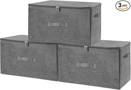 ANMINY 3PCS Storage Bins with Zipper Lids 51.9 Qt Lidded Fabric Storage Boxes Baskets Cubes with Handles Collapsible Washable Cotton Linen Closet Shelf Clothes Organizer - Gray, Extra Large