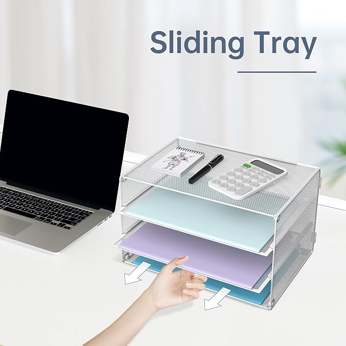 DALTACK 3 Tier Letter Tray Paper Organizer for Desk, Mesh Metal Desk File Organizer with Sliding Trays for Letter/A4 Paper, Mail, Bills & Folders, White