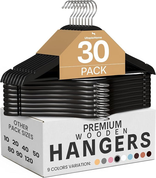 Utopia Home Premium Wooden Hangers 30 Pack - Durable & Slim Coat Hanger - Suit Hangers with 360-Degree Rotatable Hook - Wood Hangers with Shoulder Grooves (Black)