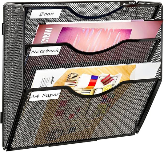 PAG Hanging Wall File Holder, 3 Tier Mail Sorter for Wall, Mesh Office Wall Organizer For Papers/Folders/Files Clipboard & Magazine, Black