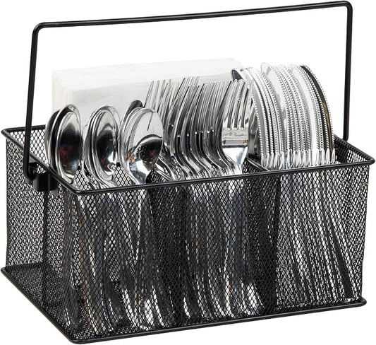 Mind Reader Multi-purpose Storage Caddy with Handle, Desktop Organizer, Cutlery Holder, 4 Compartments, Metal Mesh, Black