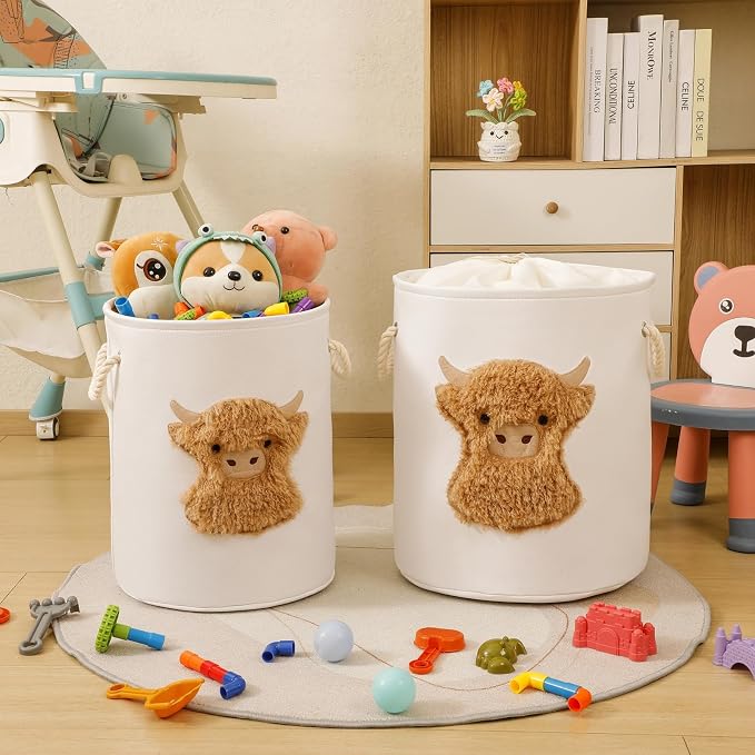 Kids Laundry Basket Nursery Hamper Baby Laundry Basket Stuffed Animal Toys Storage Baskets for Toddler Room Decor, Dirty Clothes Hampers with Drawstring Closure for Bedroom/Living Room, Highland Cow