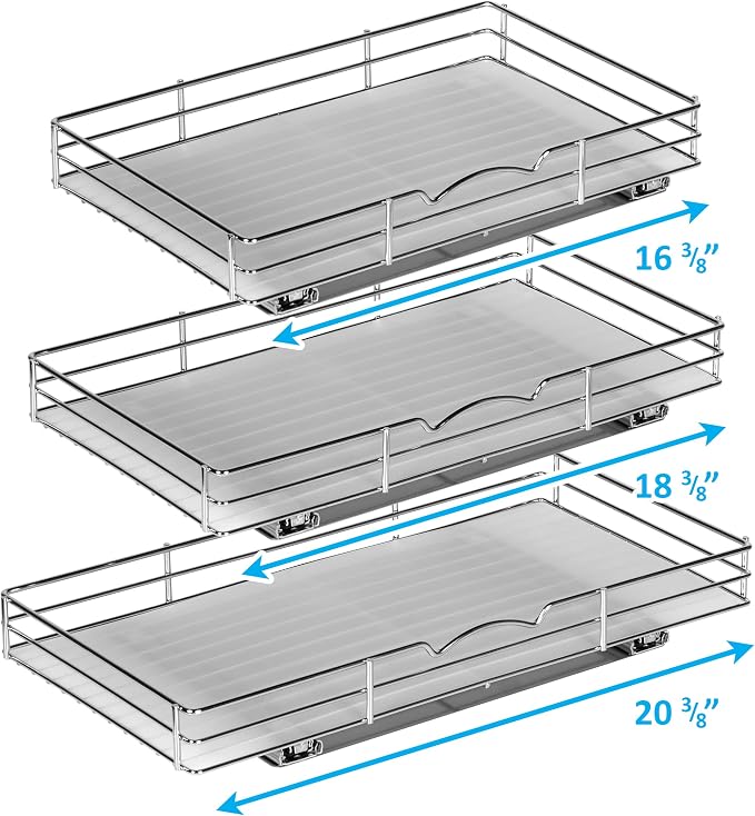 Pull-Out Cabinet Spice Rack Organizer, 18 ⅜"W x 10 ½"D x 2 ¾"H | Slim Slide-Out Storage for Spices, Bottles & Jars, Premium Heavy-Duty Steel, Easy Install for Narrow Kitchen Cabinets, Chrome