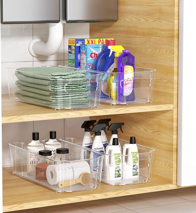 Clear Fridge Organizer, Refrigerator Organizer Bins with Handle, Freezer, Kitchen Cabinet, Pantry Organization, BPA Free Fridge Organizers (12.4 inch 6 Pack)