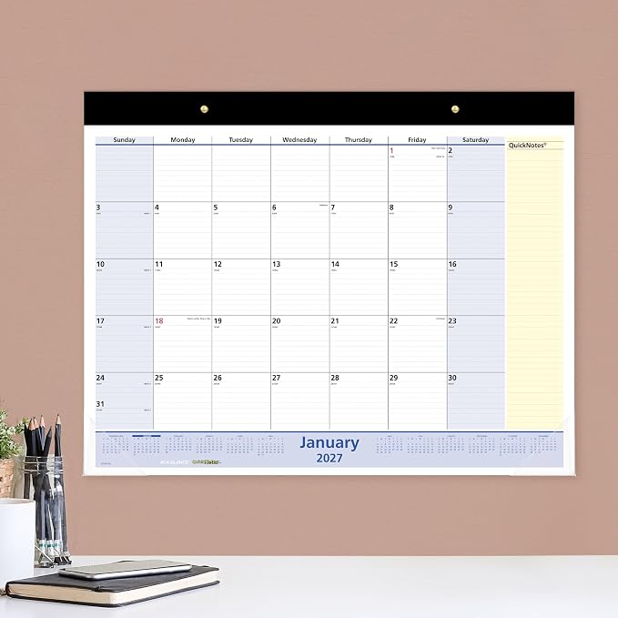 AT-A-GLANCE 2027 Desk Pad Calendar, Monthly Desk Wall Planner, 13-Month Jan-Jan, 21.75" x 17", QuickNotes (SK7000027)