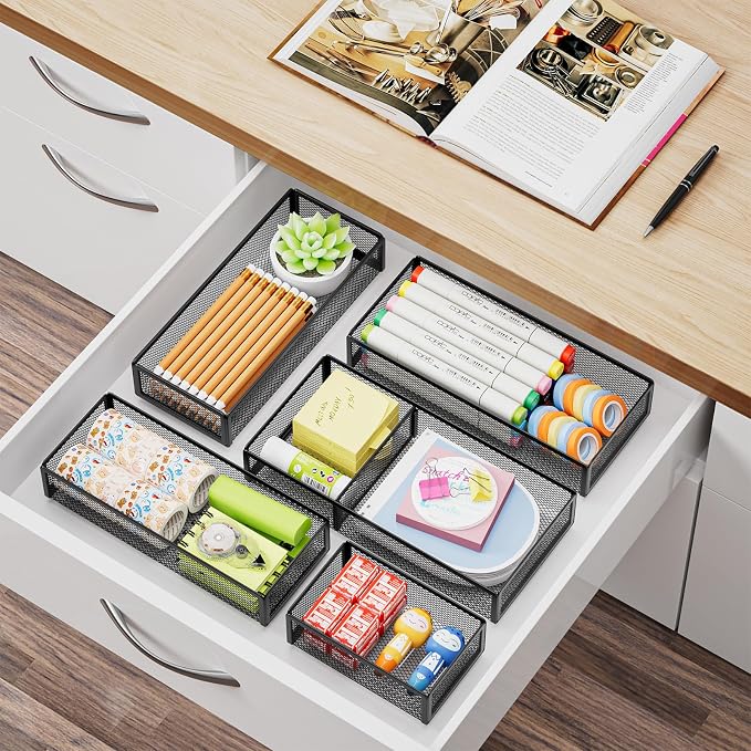 Marbrasse 5 Pack Desk Drawer Organizer Set, Mesh Drawer Storage Trays with 1 Adjustable Divider, Desk Organizers and Accessories, 5 PCS Drawer for Office Supplies, Makeup & Vanity (Black)