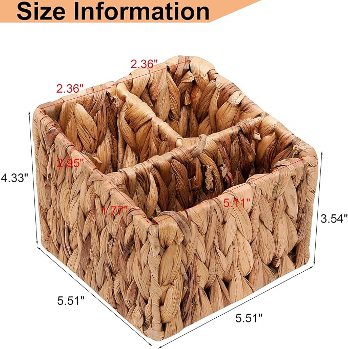Wicker Remote Control Holder Hand Woven Water Hyacinth Storage Basket with 3 Compartments,Cosmetic Storage Box for Desk,Home Organization