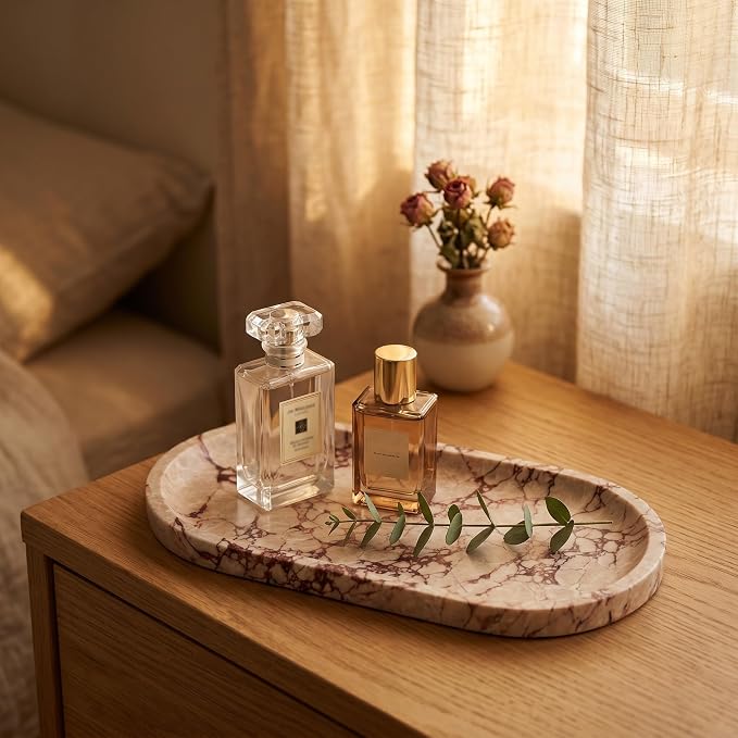 YKAJO Calacatta Viola Pink Oval Marble Tray, 11.8x5.9 Perfume Organizer | Honed natural stone; jewelry & trinket dish, ring & key holder, soap & candle catchall; bath counter, dresser, coffee table
