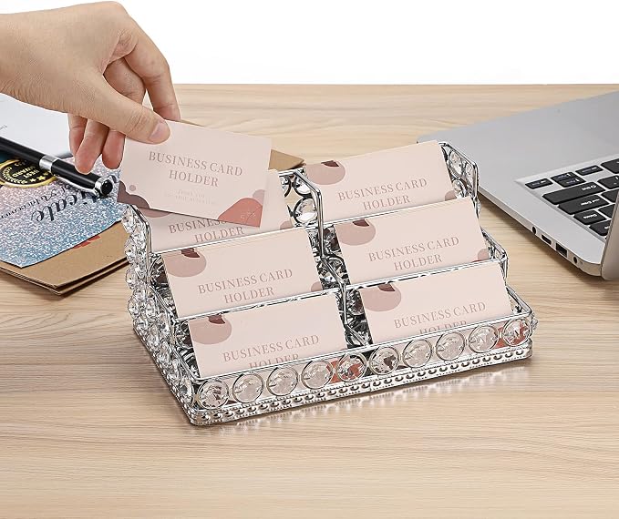 Hipiwe Crystal Business Card Holder Business Card Display Stand 3 Tiers Name Card Storage Organizer with 6 Slots Office Desktop Exhibition