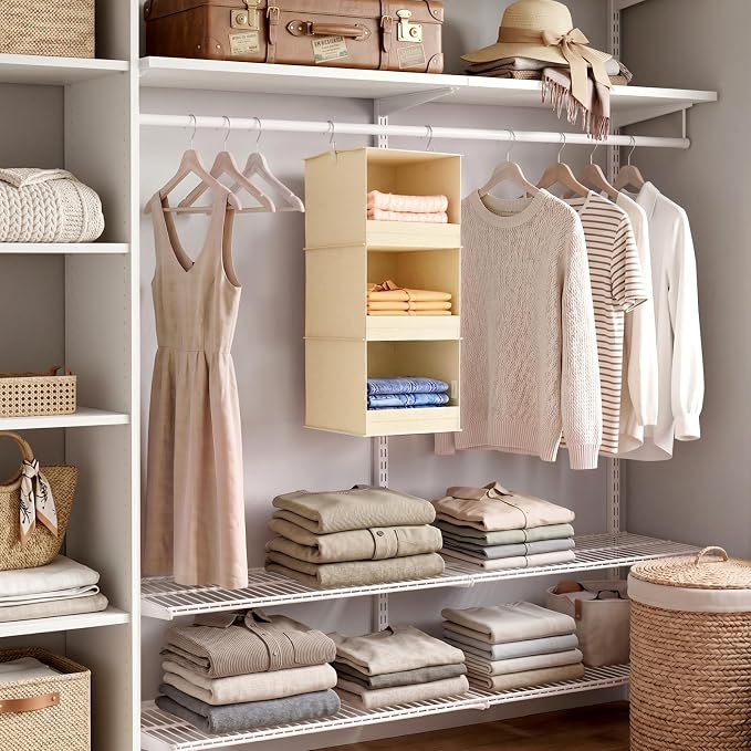 Lifewit 3 Tier Hanging Closet Organizer and Storage, Foldable Hanging Closet Shelves with 2 Sturdy Hooks, Clothes Organization for Sweater/Shoes/Coat, for Wardrobe, Bedroom, RV, Beige, 1 Pack