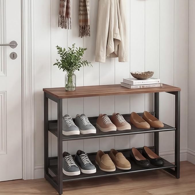 Garden 4 you Shoe Rack for Entryway 3 Tiers 11.8" D x 25" W x 20" H, Metal Shoe Rocks with Brown Wooden Tabletop, Angled Shoes Rack with Adjustable Mesh Shelves for Entryway Hallway Closet