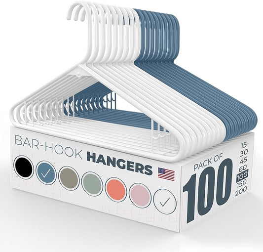 Plastic Hangers 100 Pack – Made in the USA – 6lb Capacity Standard Clothes Hangers with Strap Hooks for Dresses, Lingerie, Shirts, Pants, and Jackets – White & Blue