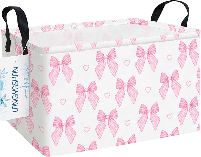 Rectangular Collapsible Pink Bowknot Storage Basket Organizer | Storage Bin Foldable Canvas with Handles for Organizing Home Kitchen Children Toys Office Closet Shelf Baskets