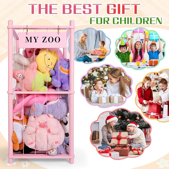 GLDZI Stuffed Animal Storage Zoo, Wooden Stuffed Animal Organizer with Elastic Cords for Boys Girls, Space Saving Toy Plushies Storage Holder for Playroom, Bedroom, Living Room (Pink, Small)