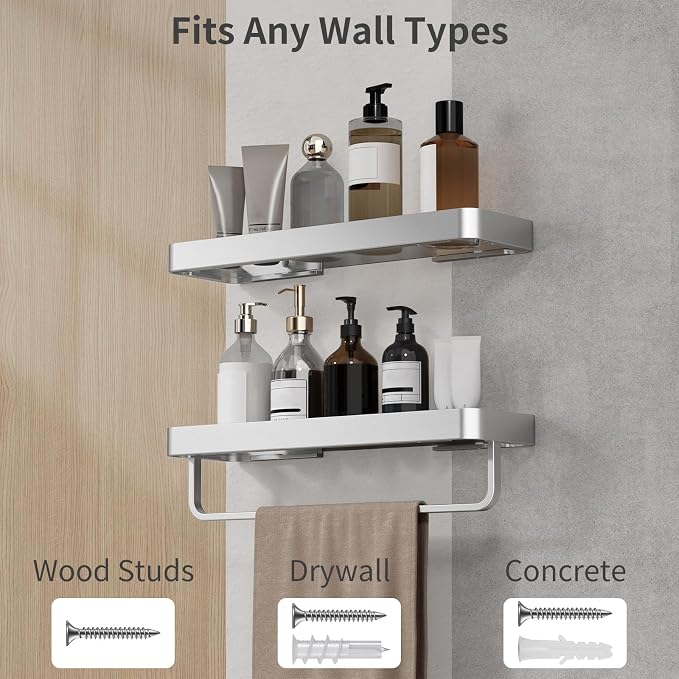 Danpoo 16-Inch Silver Floating Bathroom Shelves with Towel Bar, Clear Tempered Glass Wall Shelf 2-Pack – Versatile Bathroom Organizer Set