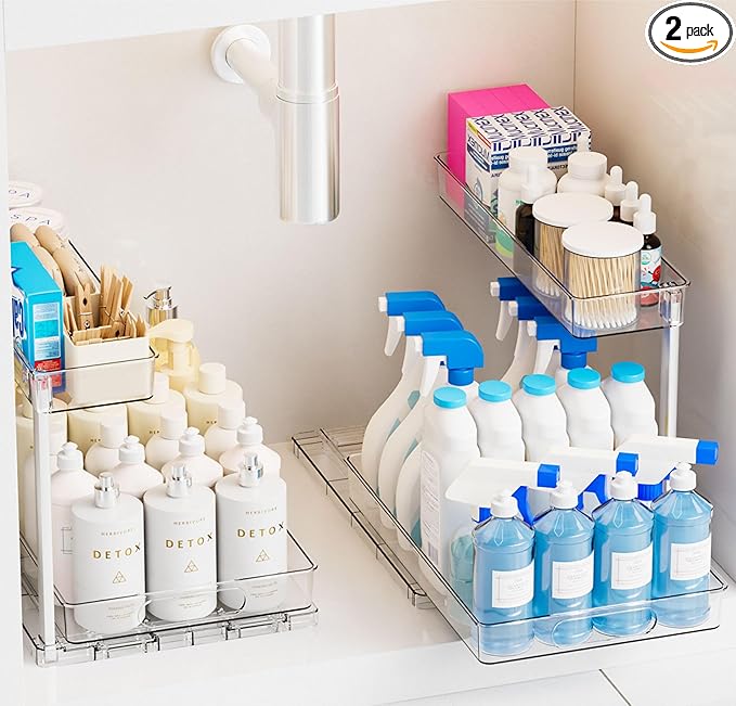 Yieach 2 Pack 14.6″ Deep Pull Out Under Sink Organizer,12.8″ High 2 Tier Slide Out Cabinet Organizer for Kitchen Cabinet,Undersink Organizers,Under Sink Shelves,Bathroom Organizers and Storage,Clear