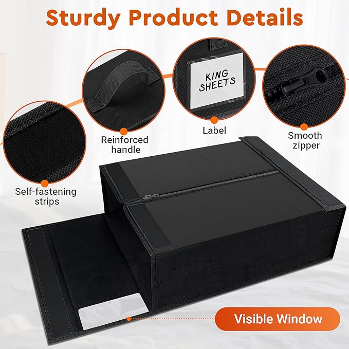 StorageTastic 2 Pack Bed Sheet Closet Organizers and Storage,Sturdy Foldable Storage Containers with Window and Label,Storage and Organization for Bedding Sheets,Duvet Covers,Blankets (Black)