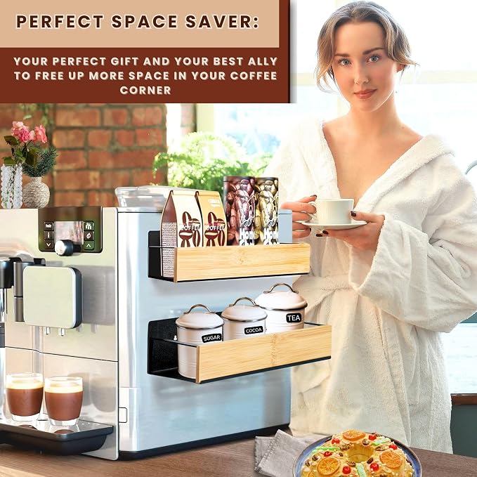 (4 Pack) Magnetic Spice Storage Rack Organizer for Refrigerator and Oven, 4 Strong Magnetic Shelf, Black Fridge Storage, Spice Rack Organizer, Metal-Bamboo