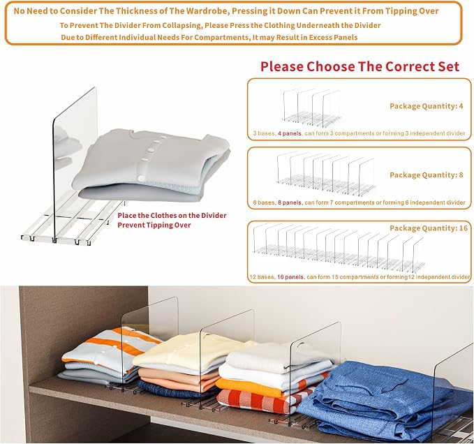 Yieach Clear Acrylic Shelf Dividers for Closet Organization,4 Pack Adjustable Bags,Clutch,Purse Organizer and Storage,Handbag Organizer for Closets,Purse Divider,8.8″ Tall Sweater,Tshirt,Towel Divider
