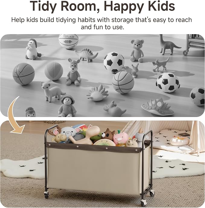 StorageWorks Toy Box with Wheels for Kids, 135L Large Toy Storage Chest and Organizer, 23" Metal Toybox with 360° Swivel Wheels for Bedroom, Kids Room, Stuffed Animal Storage, Light Khaki